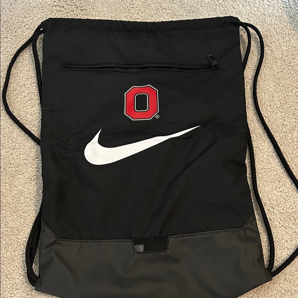 Nike Black Drawstring Backpack with White Swoosh and Red O Logo